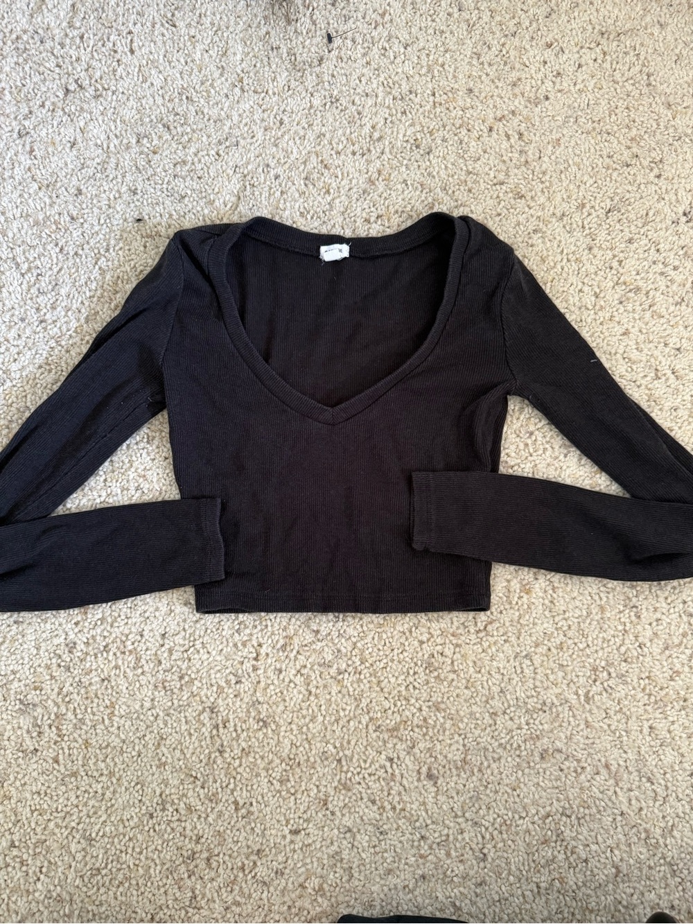 Garage Black Long Sleeve V-Neck Ribbed Crop Top